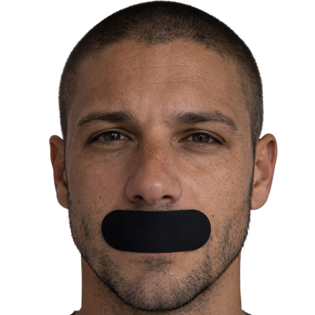 Person wearing Breathe Like God mouth tape while sleeping