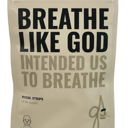 Beige bag with text 'Breathe Like God Intended Us to Breathe' on a white background