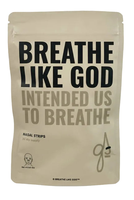 Beige bag with text 'Breathe Like God Intended Us to Breathe' on a white background